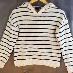 DKNY girls long sleeved cropped Hoodie Sweater Sz 14-16 White/Black Stripes
